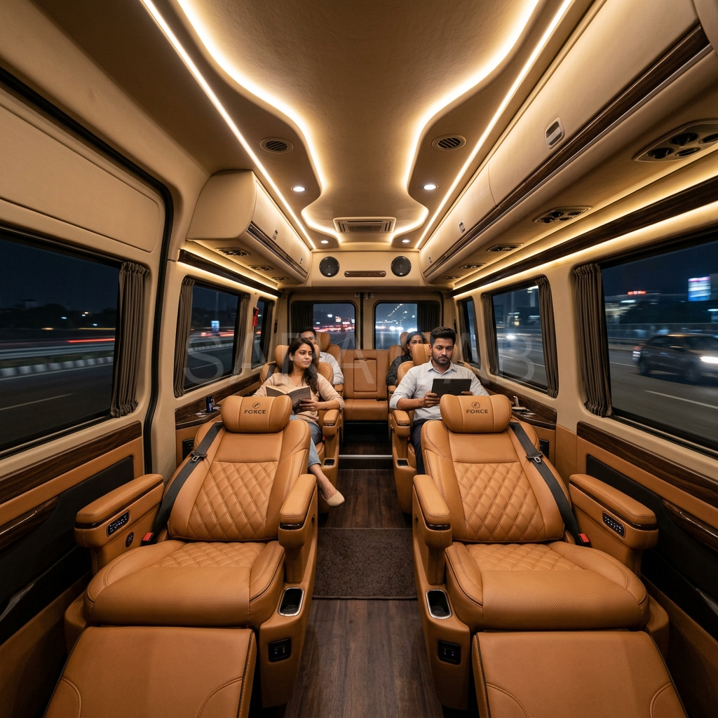 Luxury interior cabin of Force Urbania with comfortable maharaja reclining seats